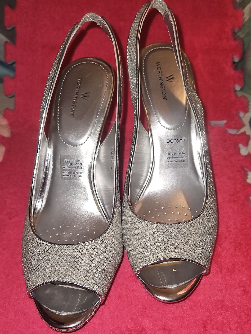 Worthington Metallic Silver Glitter Peep-Toe Slingback Heels